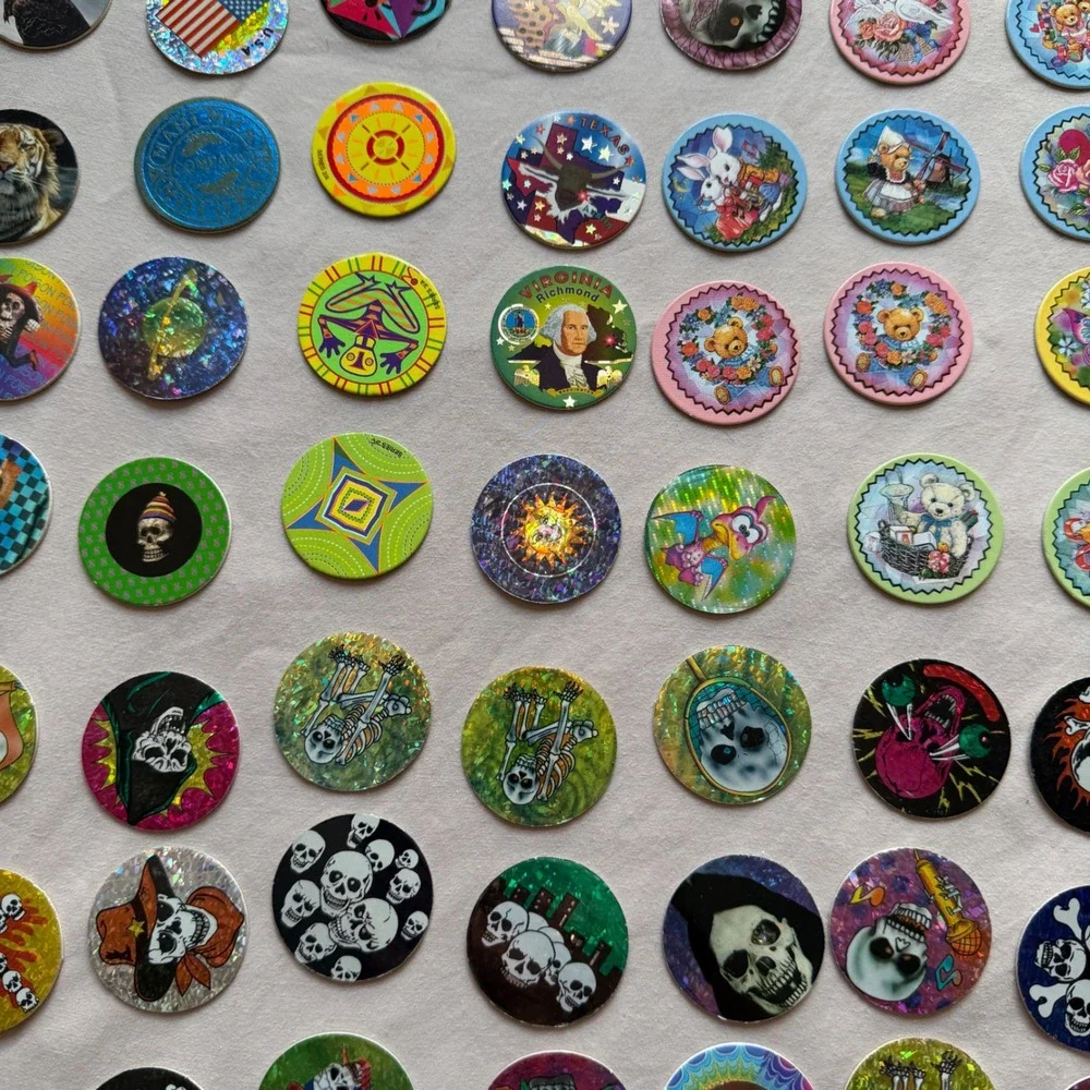 Vintage 90s Pogs Lot 170 Nostalgia 2 Slammers Storage Tube Skulls Holo YinYang